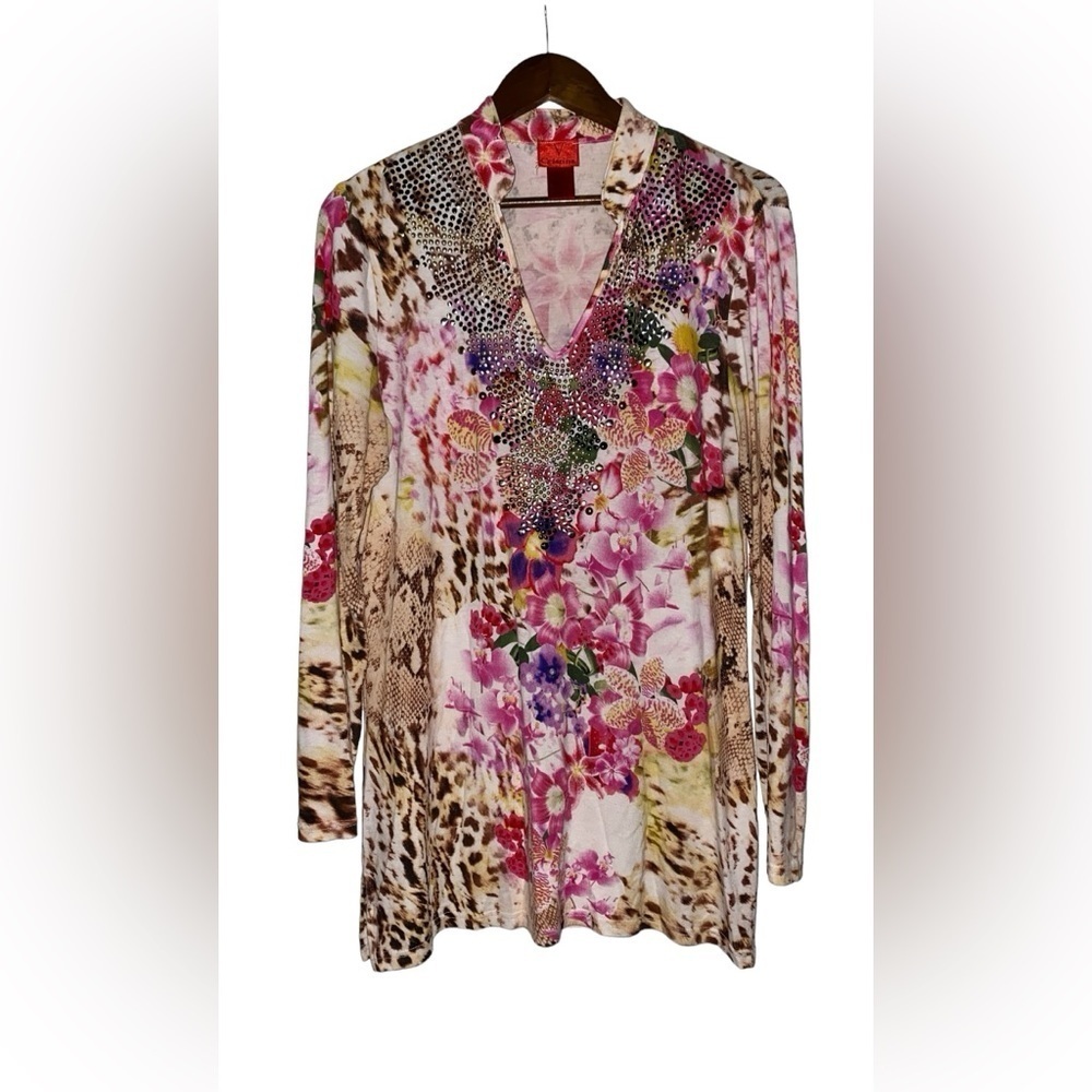 V-Cristina Animal Print Studded Popover Blouse Women L VTG Unique Colorful